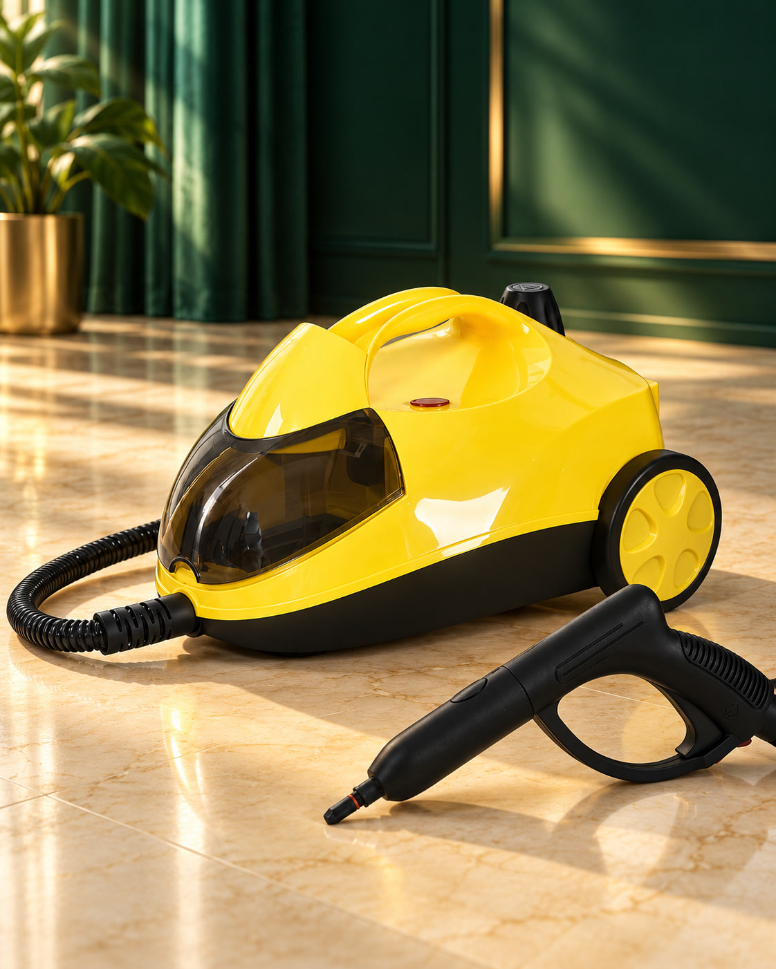 Пароочиститель Arbeee JET Power 500 PRO: жёлтый корпус, паровой шланг и пистолет в домашнем интерьере