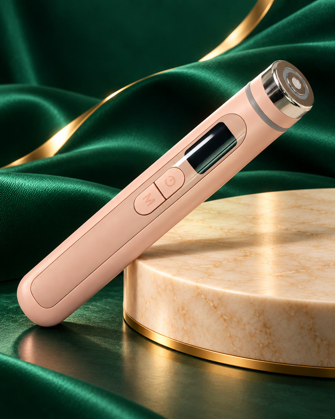 Розовый микротоковый аппарат Arbeee Age Booster Air в изумрудной рекламной композиции