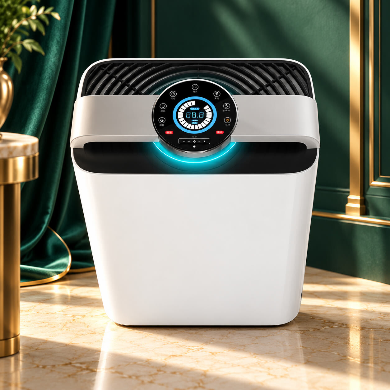 Белый очиститель воздуха Arbeee Aura PRO AI с круглой панелью управления в изумрудном интерьере